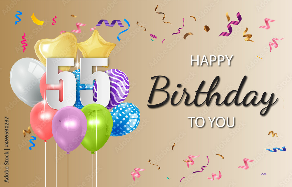 Happy 55th birthday balloons greeting card background vector. Happy birthday  background with balloons, Happy birthday vector illustration Stock Vector |  Adobe Stock