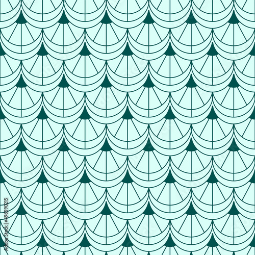 Art deco seamless pattern. Abstract japanese fan. Geometric outline shape. Green wallpaper design. Vector illustration