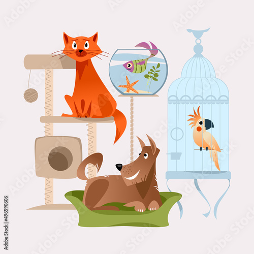 Pets. Cat in activity tree house, dog on dog bed, fish in glass bowl, parrot in large cage.