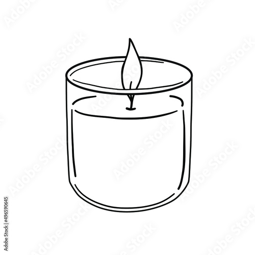 Candle in glass container, vector line art illustration. 