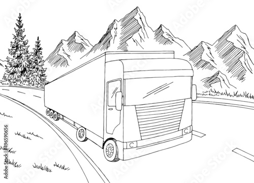 Truck driving on the road black white sketch landscape illustration vector 