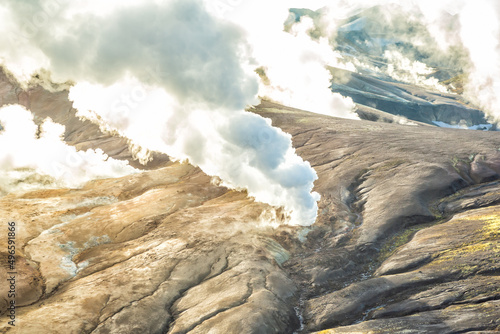 Aerial of active natural hot steam venting Landmannalaugar © Spotmatik