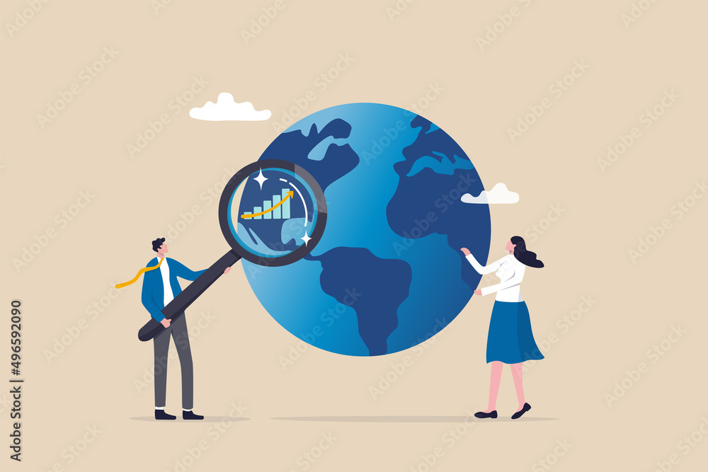World economic analysis, global investment or international business opportunity research, forecast and analyze financial information concept, businessman with magnifier on globe with chart and graph. World economic analysis, global investment or international business opportunity research, forecast and analyze financial information concept, businessman with magnifier on globe with chart and graph.