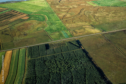 Aerial of Icelandic agricultural organic farming crops Europe