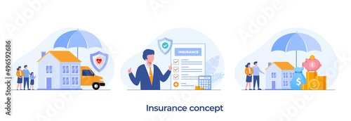 Property insurance, family insurance, health insurance, financial protection, umbrella, healthcare, landing page flat illustration vector template