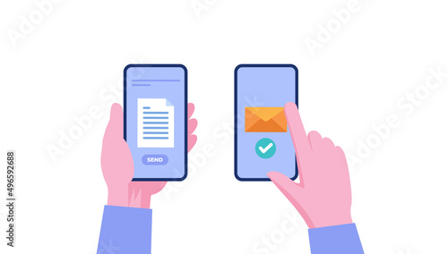 hand sending email with a phone, marketing, mail inbox, mailbox, remote working flat illustration vector template