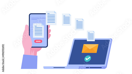 sending a file concept, hand holding a phone, transfer file, mail, sending email flat illustration vector template