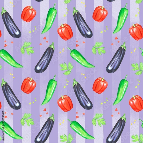 Seamless pattern with vegetables, eggplant, peppers, herbs