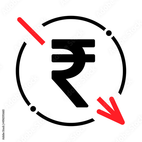 Cost reduction- decrease rupee icon. Vector symbol isolated on background
