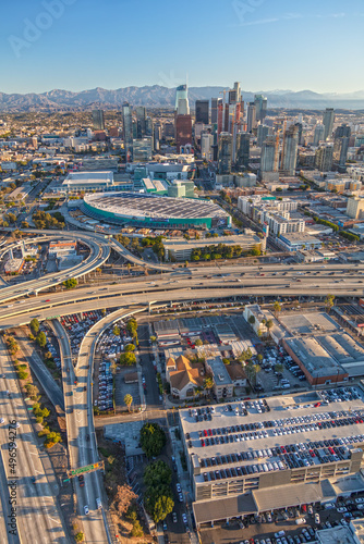 Aerial Los Angeles Convention Center near Freeway Intersection © Spotmatik