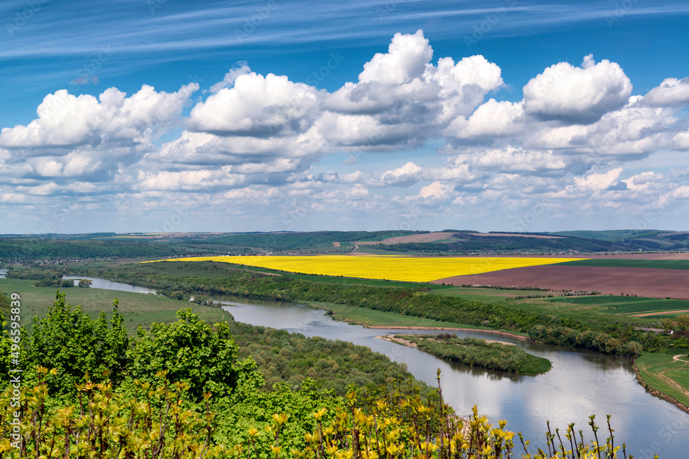 Obraz premium Rural landscape with Dnister River and fields