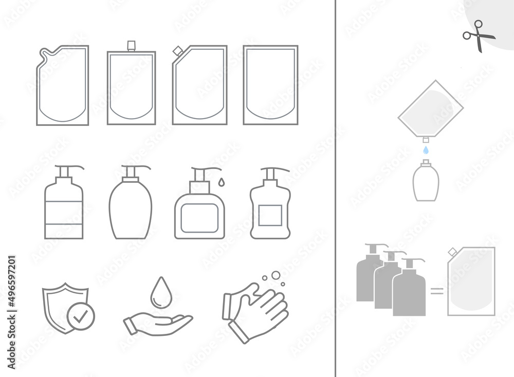 Set of icons for soap icons and packaging. Vector illustration isolated on white background. Easy to use for presentation your product, design. Editable stroke outline. EPS10. Set of icons for soap icons and packaging. Vector illustration isolated on white background. Easy to use for presentation your product, design. Editable stroke outline. EPS10.
