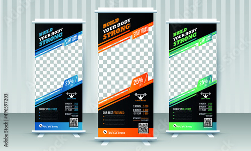 Fitness gym business standee rollup banner design vector template