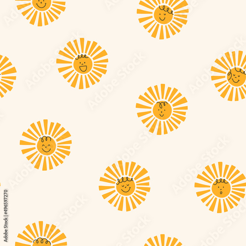 Cute sun with face on beige background. Stylish simple abstract texture. Vector seamless pattern with sun. Doodle style. Print design for baby or kids fabric.