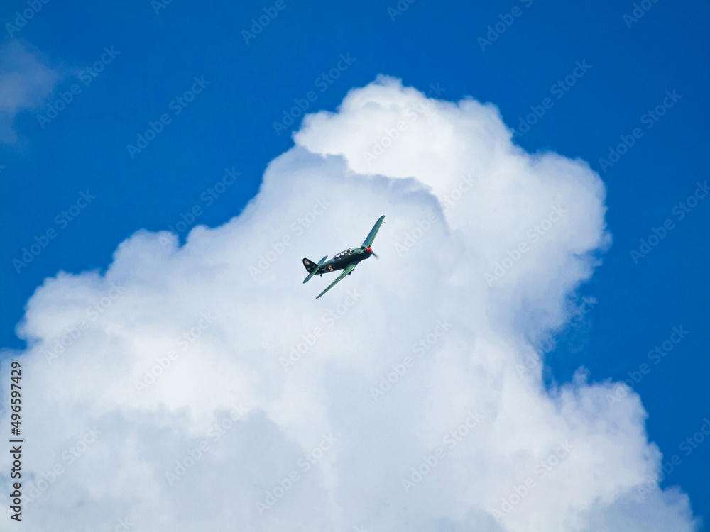 Samolot na tle chmur, pokaz lotniczy, stary samolot, aeroplan, niebo, chmura, cumulus, skrzydła, śmigło, lot, podróż - obrazy, fototapety, plakaty 