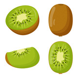 Set of kiwi with green leaves isolated on white background. Flat vector illustration
