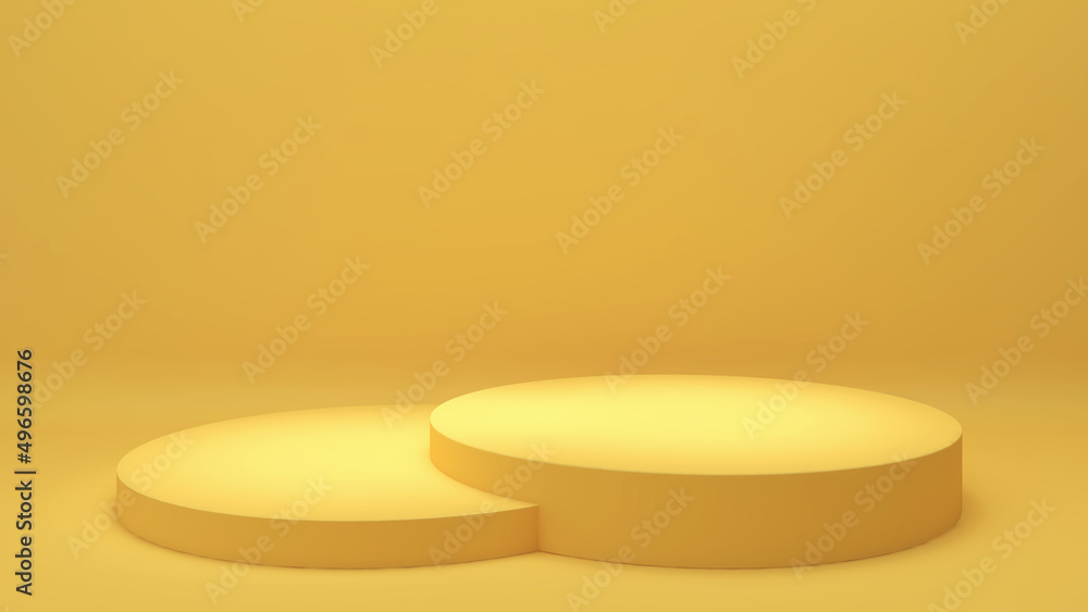 Two yellow circles stand on a Yellow background,mock up podium for product presentation,3d rendering Two yellow circles stand on a Yellow background,mock up podium for product presentation,3d rendering