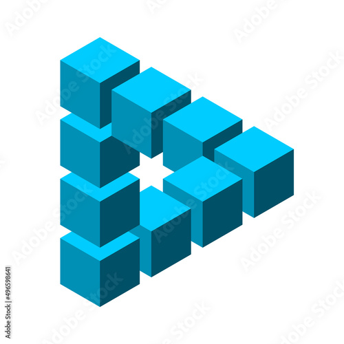 Impossible triangle made of cubes. Reutersvard optical illusion. Visual effect symbol. Sacred geometry. Blue 3D figure. Infinity penrose triangular shape. Logo template. Vector illustration  clip art