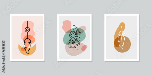 Minimal boho poster collection. Feather and abstract spots. Wall art design. Trendy decoration. Vector illustration