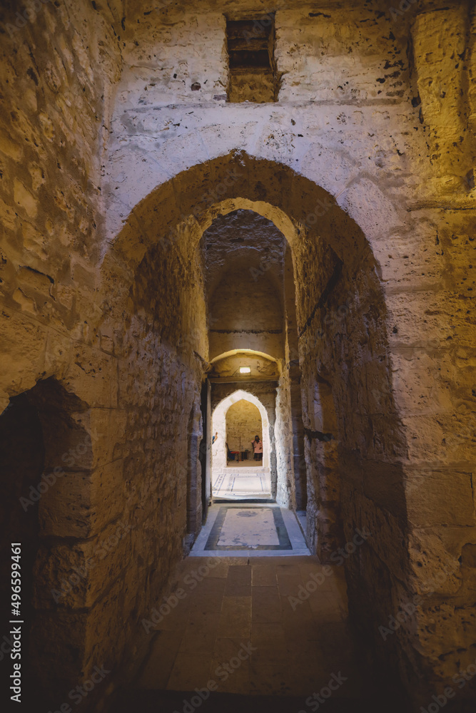 Interior View to the 15th-century defensive fortress Citadel of Qaitbay with no people around, located on the Mediterranean sea coast, in Alexandria, Egypt 