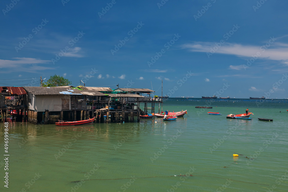 fisherman village and boats by the sea in summer, Sriracha, Chonburi