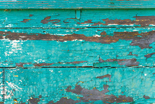  Background of old brown wood texture with blue cracked paint, closeup image