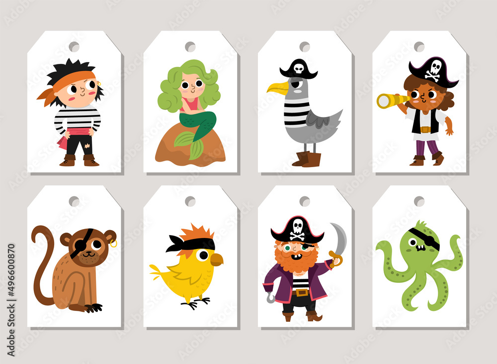 Cute pirate price tags cards set with ship, captain, sailors, chest, map, parrot, octopus, seagull. Vector treasure island print templates. Marine design for tags, ads, social media, pirate party.