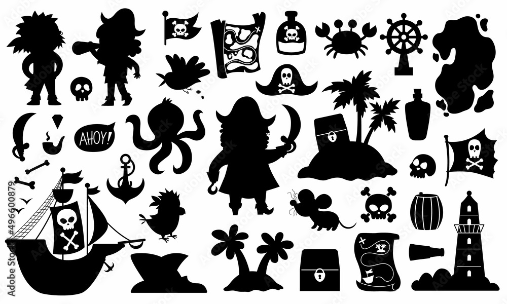 Fototapeta premium Vector pirate silhouettes set. Cute sea adventures black icons collection. Treasure island shadow illustrations with ship, captain, sailors, chest, map, parrot, map. Funny pirate party elements.