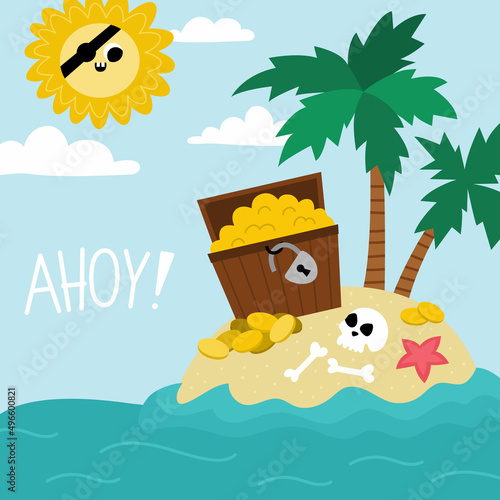 Vector treasure island landscape illustration. Pirate party scene with uninhabited isle, treasure chest, palm trees. Cute summer square background. Marine picture for kids with ahoy sign.