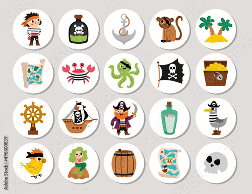Cute pirate round cards set with ship, captain, sailors, chest, map, parrot, octopus, seagull. Vector treasure island highlight icons. Marine design for tags, ads, social media, pirate party.