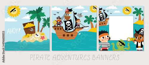 Vector treasure island landscape cards set. Pirate party scenes collection with uninhabited isle, treasure chest, palm trees. Cute summer landscape square backgrounds. Marine picture for kids.