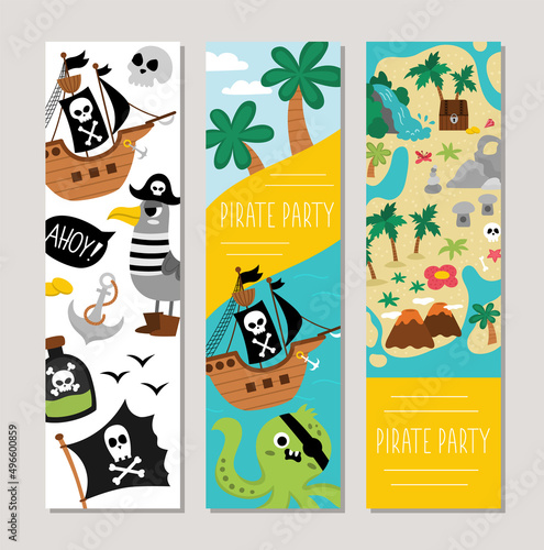 Cute pirate vertical cards set with ship, captain, chest, map, palm trees, octopus, seagull. Vector treasure island vertical print templates. Marine party bookmarks designs.