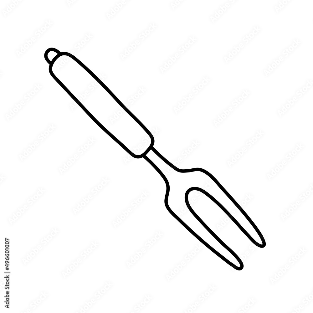 Obraz premium Meat fork. Kitchenware sketch. Doodle line vector kitchen utensil and tool. Cutlery