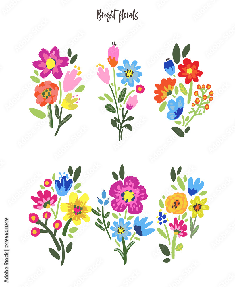Set of vector bright flowers and leaves Set of vector bright flowers and leaves