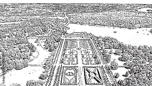 Sketch doodle style. Stockholm, Sweden. Drottningholm. Drottningholms Slott. Well-preserved royal residence with a Chinese pavilion, theater and gardens, Aerial View, Point of interest photo