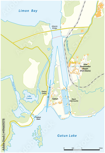 Vector map of the Gatun Locks in the Northern Panama Canal, Panama 