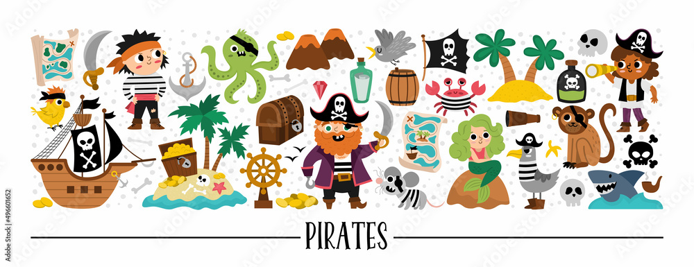 Fototapeta premium Vector pirate horizontal set with sailors and animals. Sea adventures card template or treasure island design for banners, invitations. Cute illustration with ship, octopus, mermaid, seagull.
