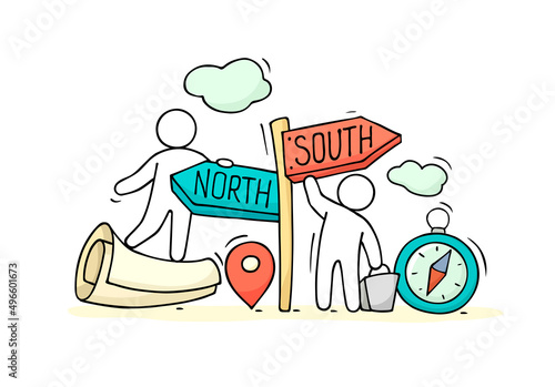 Vector illustration of two businessmen using compass for navigation and orientation in business. Strategy concept flat style design.