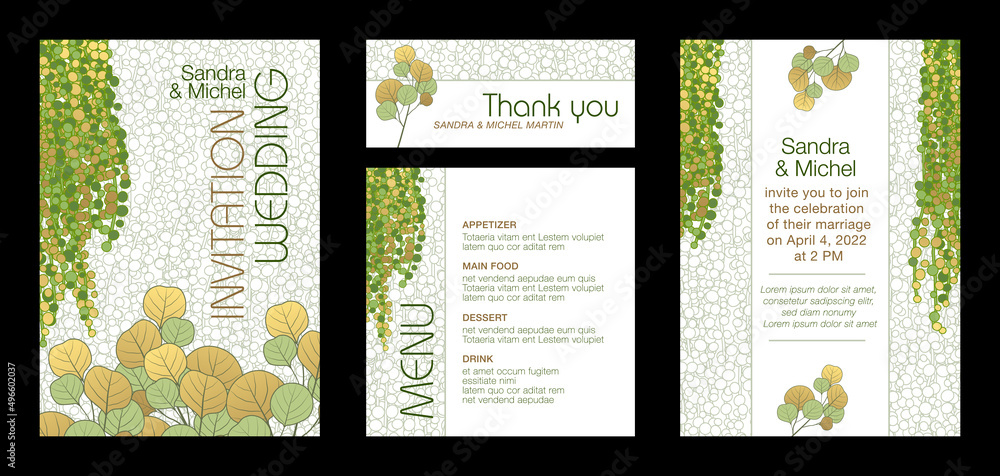 Ensemble de cartes pour un mariage - invitation, faire part, remerciement et menu - décoré de plantes retombantes et de branches d’eucalyptus.