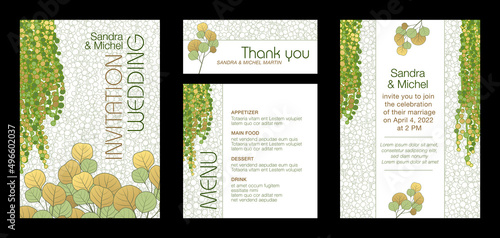 Ensemble de cartes pour un mariage - invitation, faire part, remerciement et menu - décoré de plantes retombantes et de branches d’eucalyptus.
