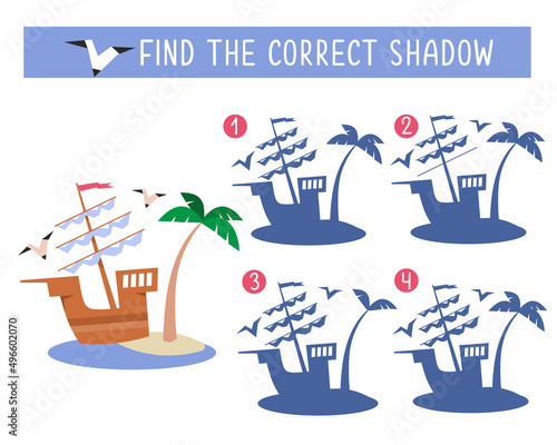 Find correct shadow. Game for children. Activity  vector illustration. Ship on island. 