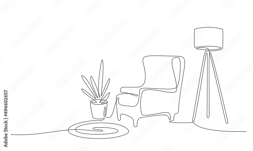Continuous line interior with armchair, plant, floor lamp and carpet. One line drawing of Living room with modern furniture editable stroke. Single line. Handdraw contour. Flower in pot. Doodle vector Continuous line interior with armchair, plant, floor lamp and carpet. One line drawing of Living room with modern furniture editable stroke. Single line. Handdraw contour. Flower in pot. Doodle vector