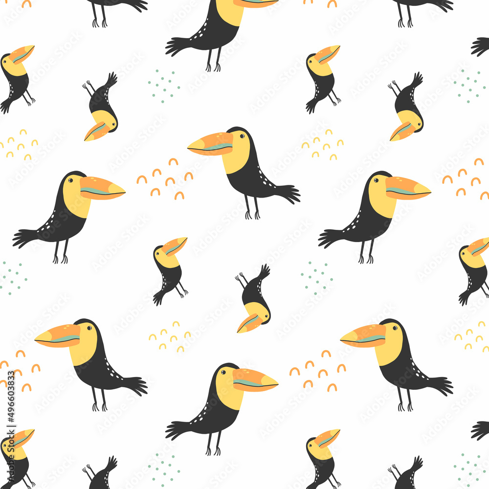 Childish seamless pattern with cute toucans. Hand-drawn pattern with a toucan.