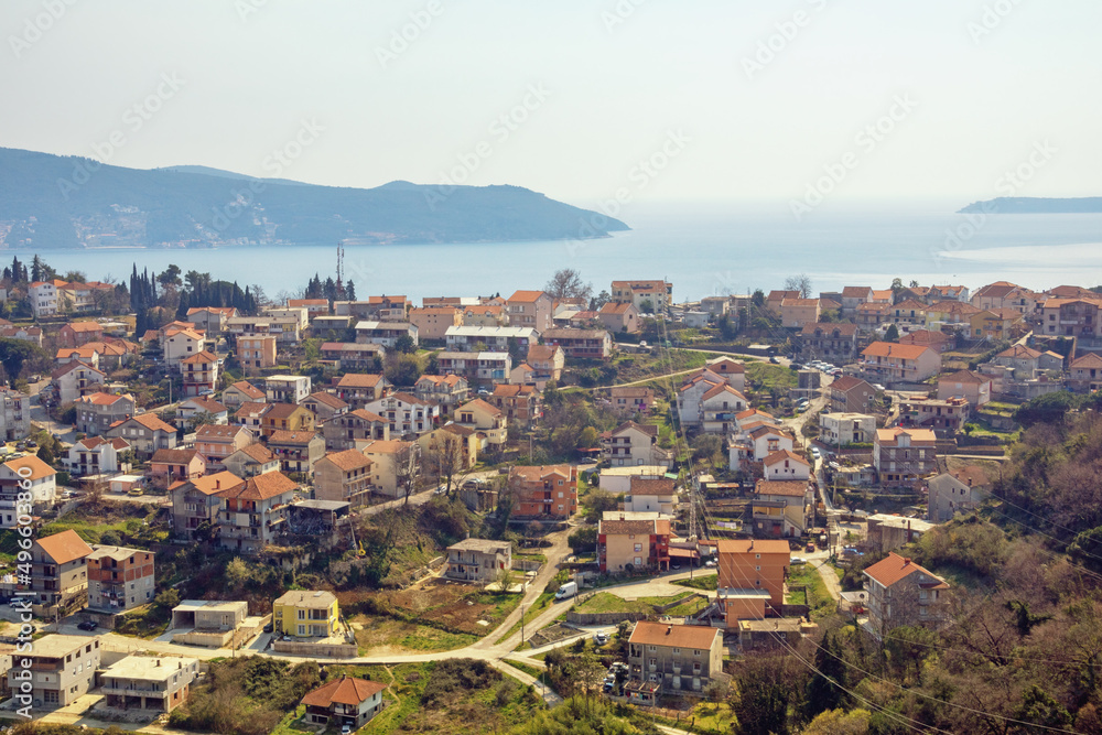 Beautiful Mediterranean landscape on sunny spring day. Montenegro, view of  Adriatic Sea and Bay of Kotor near Herceg Novi city