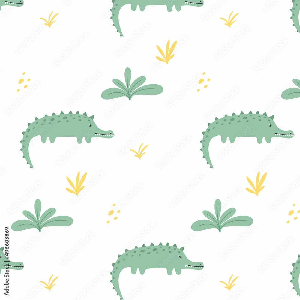 Naklejka premium Childish seamless pattern with cute crocodile and plants. Drawn pattern with crocodile. Alligator pattern. Vector illustration. Suitable for fabrics, wrapping paper, wallpapers.