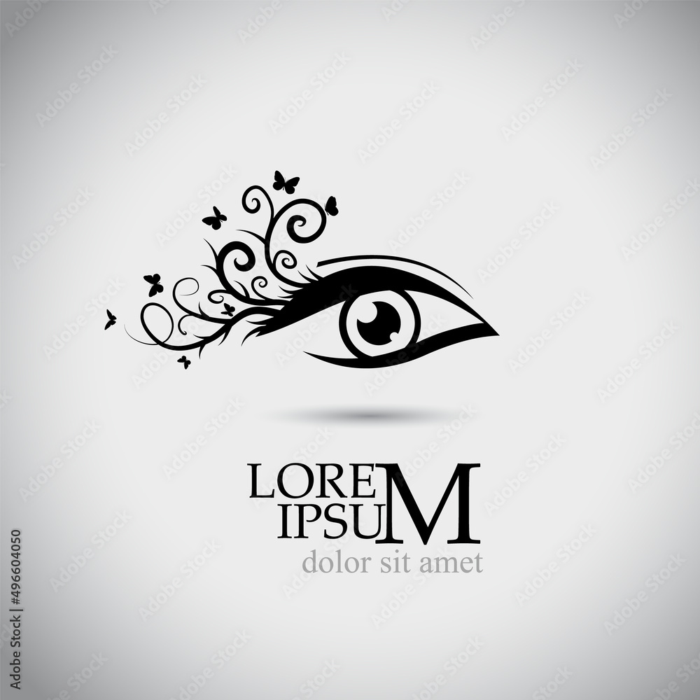 Logo is a beautiful female eye. Lashes with butterflies. Vector illustration Logo is a beautiful female eye. Lashes with butterflies. Vector illustration