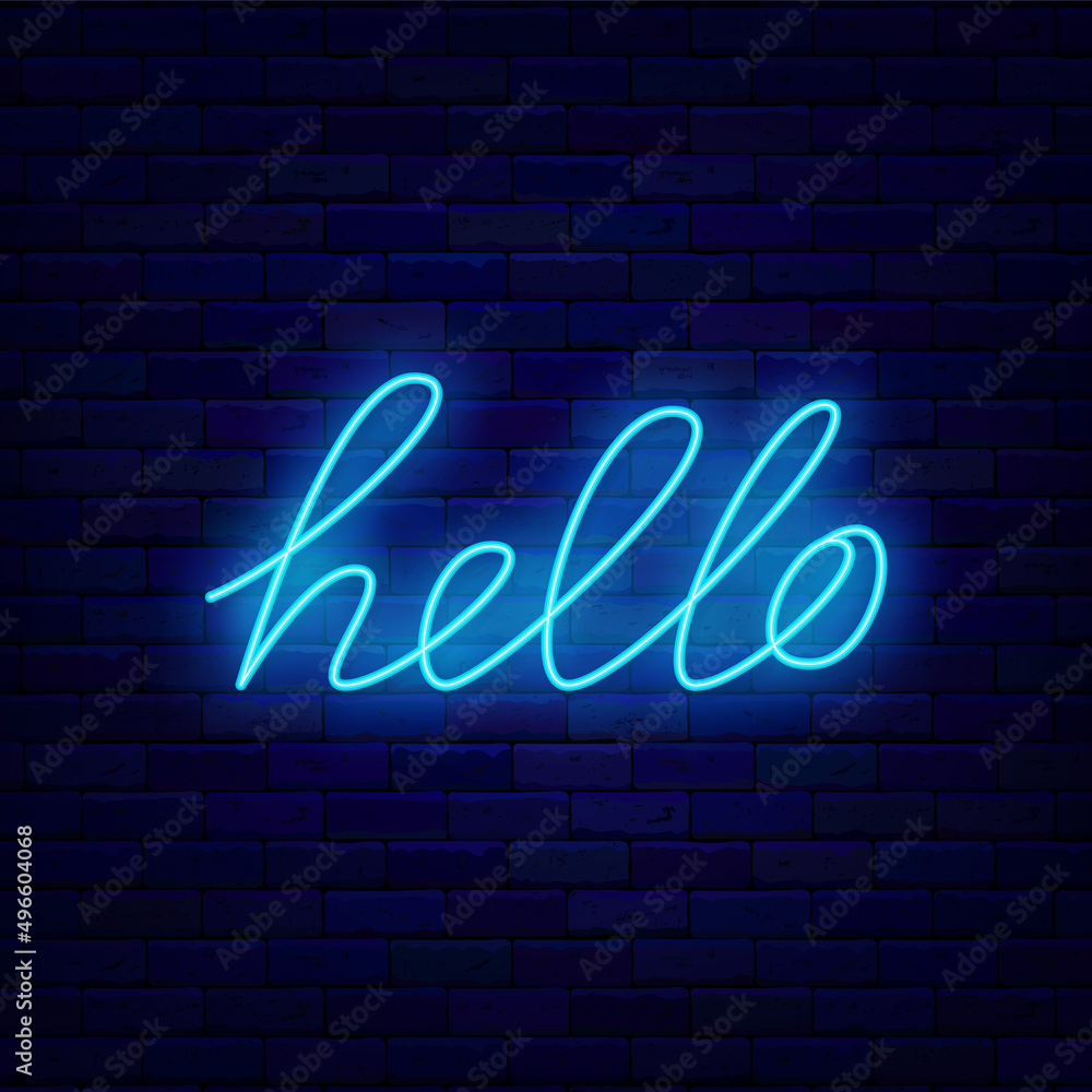 Hello neon lettering. Shiny simple calligraphy. Welcome signboard. Glowing effect banner. Vector stock illustration Hello neon lettering. Shiny simple calligraphy. Welcome signboard. Glowing effect banner. Vector stock illustration