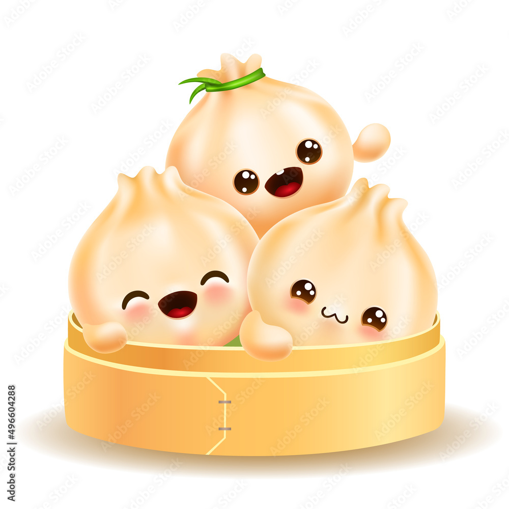 Cute Cartoon Dim Sum On Wooden Box Traditional Chinese Dumplings With Cute Cartoon Dim Sum On Wooden Box Traditional Chinese Dumplings With