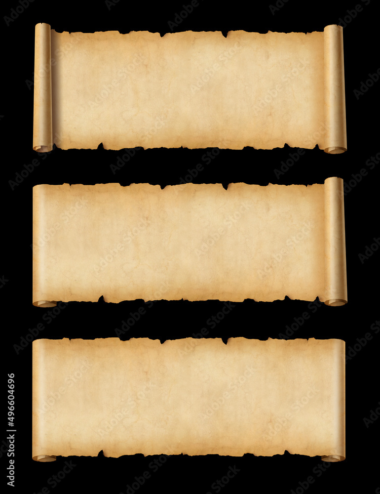 Old Parchment paper scroll set isolated on black. Horizontal banners