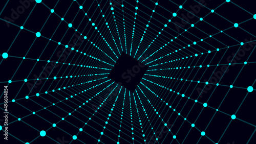 Cyber square tunnel consisting of moving glowing points. Futuristic infinite space background. Concept of data transfer in cyberspace. Hi-tech illustration. Vector illustration.